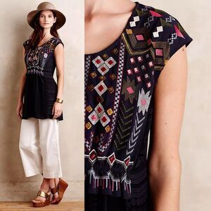 Anthropologie One September Barranco Embroidered Tunic Navy Boho Geo Cottage - L